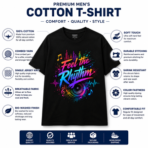 Camiseta Negra para Hombre con Estampado Musical Feel Rhythm, Manga Larga, Cuello Redondo, Corte Holgado, Informal, 100% Algodón Jersey Transpirable, Logotipo Frontal, 180g - Product Image 3