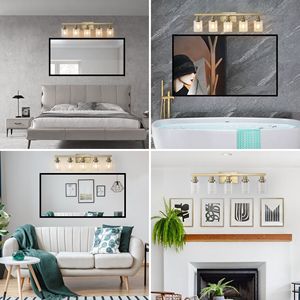 Lampada da Bagno Moderna in Ferro da 31 Pollici con 5 Paralumi in Vetro Trasparente, Applique Dorata a 5 Luci per Specchio e Bagno - Product Image 6