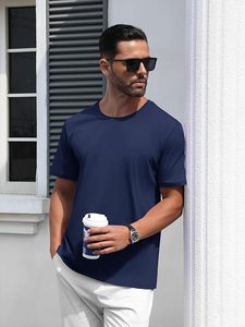 Camiseta de Manga Corta para Hombre, Cuello Redondo, Color Azul Marino, Corte Regular, Color Sólido, Informal, Tejido de Punto, 100% Algodón - Product Image 2