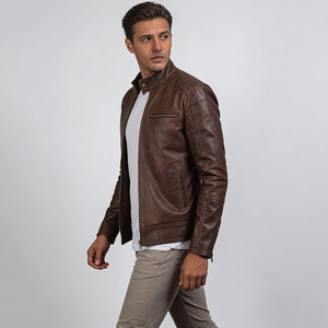 Men's <b>Brown</b> Genuine Leather Moto Jacket Stand Collar Zipper Closure Slim Fit Autumn Wear Regular Sleeve - Product Image 3