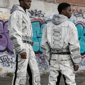 Ensemble de survêtement unisexe en denim délavé foncé, veste boutonnée pleine longueur, coupe classique, style streetwear décontracté, 100 % coton, poids moyen, respirant - Product Image 6