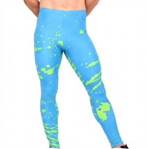 Leggings de compression longs pour hommes, bleus avec imprimé éclaboussures vertes, taille élastique, respirants, en spandex et polyester - Product Image 2