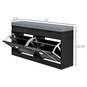 Panca scarpiera stile rustico con 2 cassetti, ottomana imbottita nera per ingresso, capacità 8 paia - Product Image 3