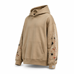 เสื้อฮู้ดดี้โอเวอร์ไซส์สีเบจทรายแบบสั่งทำพิเศษสำหรับ OEM พิมพ์ลายศิลปะนามธรรมด้านหลัง แขนเสื้อแบบสาดสี สไตล์สตรีทแวร์ทรงบ็อกซี่ - Product Image 3