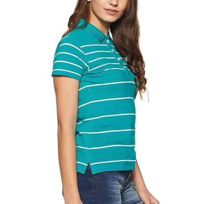 Polo a Rayas para Mujer, Manga Corta, Largo Regular, Tela Oxford de Algodón, Estilo Casual, Transpirable, Blanco con Rayas Verde Azulado - Product Image 4