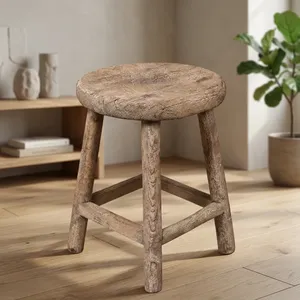 Vintage Elm Wood <b>Stool</b> Rustic Round Seat Four Splayed Legs Farmhouse Side <b>Table</b> Pale Grey Brown Antique Furniture - Product Image 2