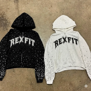 Nouvel arrivage : Sweat à capuche zippé 500 GSM, effet délavé soleil, logo personnalisé, broderie vieillie, streetwear, strass sur toute la surface - Product Image 3