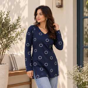 Tunique bleu marine à col en V et manches longues, imprimé blocs, motif à pois blancs, coupe ample, tenue décontractée pour femme - Product Image 1