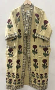 Robe en coton imprimée à la main indienne pour femme – Kimono long fleuri, ceinturé, ouvert sur le devant, pour la détente et les vacances - Product Image 5