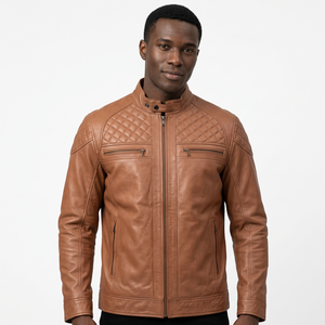 <b>Men's</b> <b>Brown</b> <b>Leather</b> <b>Jacket</b> Stand Collar Zipper Regular Fit Solid Color Autumn Wear - Product Image 4