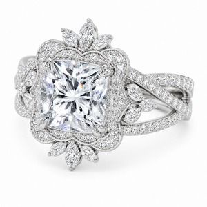 Anillo de compromiso y boda moderno de lujo con doble halo, diamante de laboratorio con corte princesa, oro blanco de 18K, diseño floral real marquesa - Product Image 4