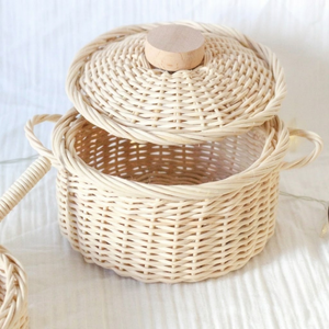 Casserole en rotin faite à la main, jouet pour enfants, ensemble de jeu d'imitation avec couvercle à bouton en bois, panier de cuisine naturel - Product Image 3