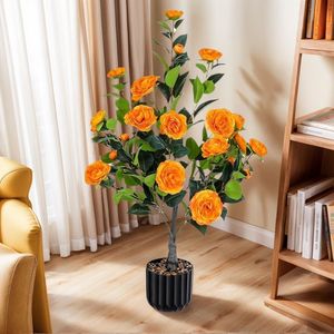 Paquete de 2 Árboles de Camelia Artificial Naranja de 36 Pulgadas, Planta Artificial en Maceta para Interiores y Exteriores, Flores Naranjas, Planta de Camelia Artificial en Maceta - Product Image 2