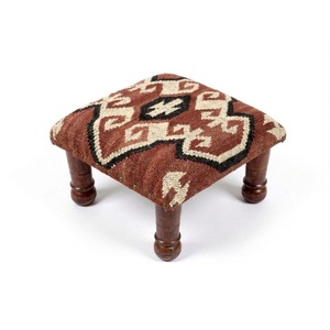 Handcrafted Bohemian Square <b>Pouf</b> With Abstract Geometric Pattern Wooden Legs Red Beige Black Design Living Room Decor - Product Image 2