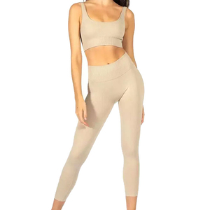 Ensemble de vêtements de sport personnalisés sans couture pour femmes, haut court côtelé, soutien-gorge de sport et leggings, vêtements de sport décontractés, uniformes de fitness - Product Image 2
