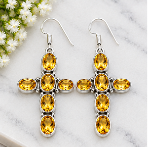Yellow Citrine <b>Silver</b> <b>Earrings</b>, <b>Sterling</b> <b>Silver</b> Cross <b>Earrings</b>, Gemstone <b>Drop</b> <b>Earrings</b>, Elegant Statement Jewelry - Product Image 1