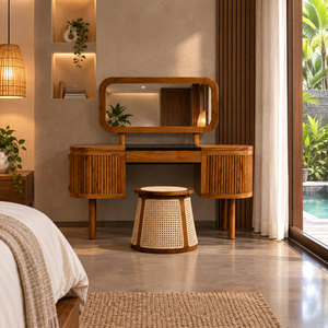 Teak Wood Makeup Vanity <b>Dressing</b> <b>Table</b> with Mirror Rattan <b>Stool</b> Storage Cabinet Bedroom Home Furniture - Product Image 1