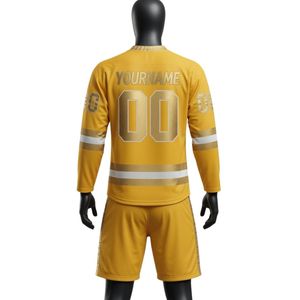 ชุดเสื้อและกางเกงขาสั้นฮอกกี้น้ำแข็งสีเหลืองทองสำหรับผู้ชาย คอวี ลายทาง ผลิตจากโพลีเอสเตอร์ เหมาะสำหรับทีมกีฬา ชุดฝึกซ้อม และชุดกีฬา - Product Image 2