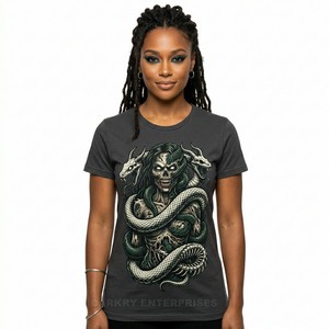 T-shirt graphique pour femme OEM, imprimé squelette serpent, fabricant de vêtements personnalisés, style Méduse, T-shirt graphique d'horreur, haut pour femme - Product Image 1