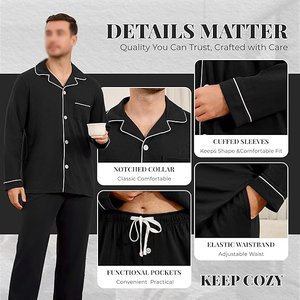 Best Selling Black Long Sleeve <b>Pajamas</b> <b>Set</b> Cotton Knitted Casual Sleepwear With Pockets Autumn Wear - Product Image 3