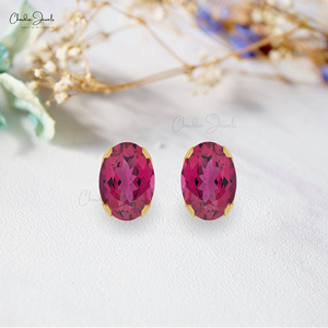 Wholesale Natural Pink Tourmaline Stud <b>Earrings</b> 14k Solid Gold Oval Cut 6x4mm Single Gemstone Fine Jewelry Bulk Lots - Product Image 3