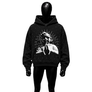 Sudadera con Capucha Negra con Gráficos de Diamantes de Imitación y Diseño de Abeja Blanca, Oversize, Estilo Urbano, de Algodón, Unisex, Vintage, para Invierno - Product Image 1