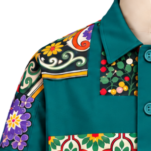 Chaqueta de Trabajo con Mosaico Teal, Multicolor, Artística, con Parches Florales, Cierre de Botones, Estilo Casual, con Bolsillos Funcionales - Product Image 5