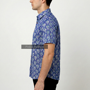 เสื้อเชิ้ตผู้ชายพิมพ์ลายด้วยมือ ผ้าฝ้าย 100% ระบายอากาศได้ดี ลายดอกไม้ แขนสั้น สไตล์ลำลอง ติดกระดุม สำหรับขายส่งช่วงฤดูร้อน - Product Image 2