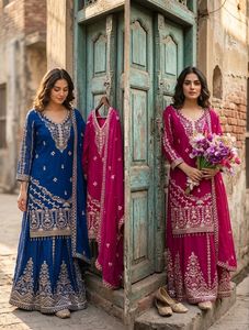 Ensemble prêt-à-porter haut, sharara et dupatta brodé en soie Vicitra, tenue ethnique de créateur pour femme, idéal pour les fêtes et mariages - Product Image 6