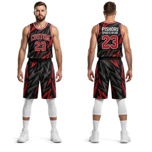 Ensemble de vêtements de sport personnalisés en polyester 100 % imprimé par sublimation, maillot et short de basketball rouges pour équipe - Product Image 4