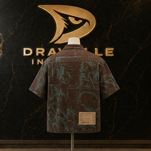 Chemise noire Y2K oversize à col campiste et manches courtes, style streetwear, avec empiècements en maille et patte de boutonnage ornée de strass, vente en gros - Product Image 2