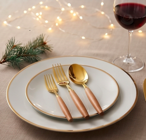 Juego de 4 cubiertos chapados en oro con mangos de madera, utensilios de cocina de lujo, vajilla, utensilios para servir, para uso en el hogar, hoteles y cafeterías. - Product Image 3