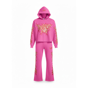 Custom Chrome Print <b>Tracksuit</b> Wholesale Mens Y2K Cropped Hoodie and Flare Jogger Set 360GSM Fleece Streetwear 2 Piece Set - Product Image 5