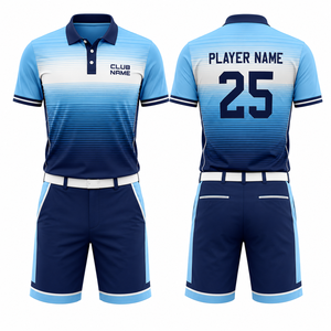 Ensemble polo et short de golf sportif pour homme, imprimé dégradé bleu, respirant, en polyester, col polo, logo avant, nom et numéro du joueur - Product Image 1