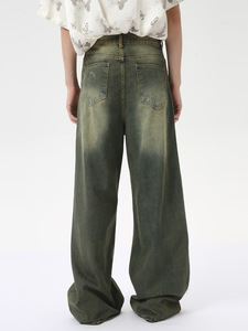 Jeans de Moda Americanos Vintage de Algodón Verde con Lavado Ácido, Pierna Ancha, Efecto Desgastado, Estilo Carpenter, Holgados y de Diseñador - Product Image 3