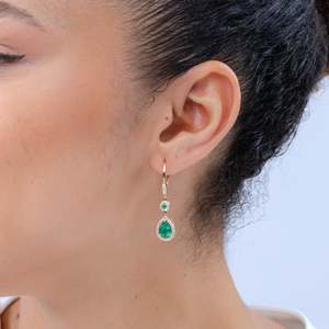 14kt Rose Gold Pear Emerald Halo Drop Dangle <b>Earrings</b> With Diamond Accents Women's Wedding Jewelry - Product Image 5