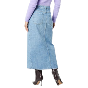 Jupe longue en jean délavé bleu clair style vintage, taille haute, mélange de coton, fente avant profonde, coupe droite, durable - Product Image 2
