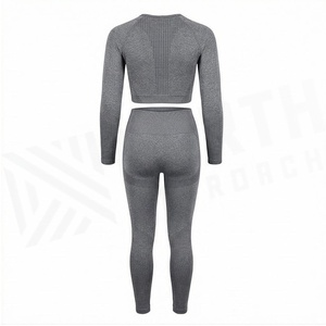 Gray 2 Piece Yoga Set Crew Neck Long Sleeve <b>Crop</b> <b>Top</b> High Waist Full Length Leggings <b>Mesh</b> Breathable Seamless Women's Sportswear - Product Image 2