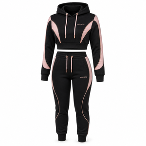 Women's Casual Winter Wear Set Solid Pattern Crop <b>Top</b> Jogger Pants Hoodie Front Logo Streetwear 100% Cotton Fleece Breathable - Product Image 6