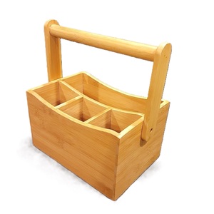 Panier de rangement rectangulaire en bois au design minimaliste avec poignée pour articles divers du salon, support à couverts sur pied - Product Image 3