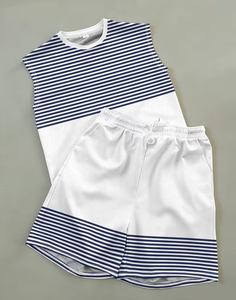 Men's Striped Sleeveless Tank Top Set White Blue Knitted Breathable Casual Summer Wear Crew Neck Short Sleeveless Top Shorts - Product Image 2