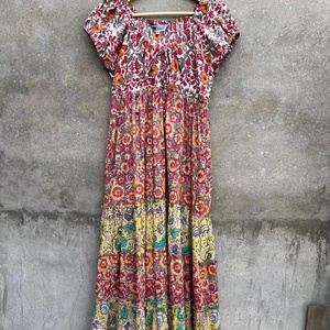 ชุดเดรสยาวแม็กซี่ผ้าฝ้ายพิมพ์ลายดอกไม้ด้วยมือ 100% คอกลม แขนสั้น สวมใส่สบายๆ สำหรับผู้หญิง - Product Image 1