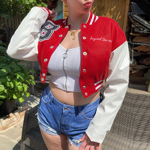 Women's Plus Size Short Cropped Varsity <b>Jackets</b> New Design Long Sleeve Wool Body Organic <b>Leather</b> Chenille Patches OEM Fabric - Product Image 4