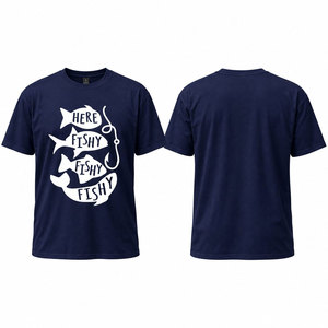 Here Fishy Fishy <b>Fishing</b> <b>T</b>-<b>Shirt</b> Navy Blue Unisex Printed Design Front Logo Adult Casual Wear <b>Fishing</b> <b>Shirts</b> - Product Image 1