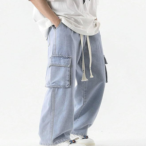 Top Selling Fabric Fashionable Custom <b>Light</b> Wash Cargo Jeans Men Wide Leg Denim Pants Multi Pocket Streetwear Durable Outerwear - Product Image 6