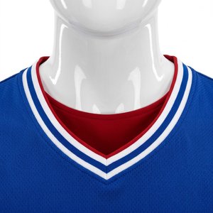 Ensemble de maillots de basket-ball personnalisés bleu et rouge, nom de l'équipe, numéro 00, col en V, sans manches, maille respirante, vêtements pour hommes adultes - Product Image 3