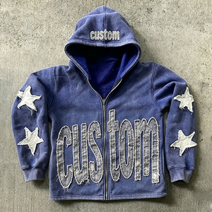 Winter Men's <b>Hoodies</b> Custom Logo <b>500</b> <b>Gsm</b> Heavyweight Thick Cropped Zipper Vintage Acid Wash Distressed Embroidered Patch Hoodie - Product Image 5
