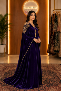 Robe Abaya élégante en velours, grande taille, pour femmes musulmanes, longue tunique à col en V, manches trois-quarts, longueur au sol, robe de mariage pour l'Aïd al-Fitr - Product Image 3