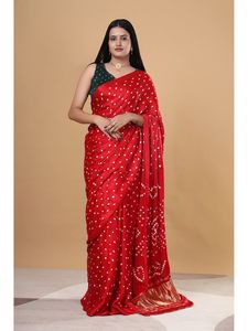 Pink Hand Drawn Silk <b>Saree</b> With White And <b>Yellow</b> bandhej Patterns Traditional Indian Wedding Wear For Women - Product Image 3