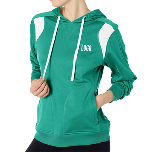 Sweat-shirt vert à capuche pour femme avec empiècements blancs aux épaules et logo frontal, coupe classique, idéal pour l'automne, en polyester tricoté respirant - Product Image 5
